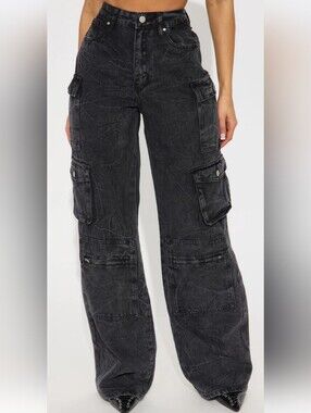 Fashion Nova Mad For You Cargo Jeans in Acid Wash Black